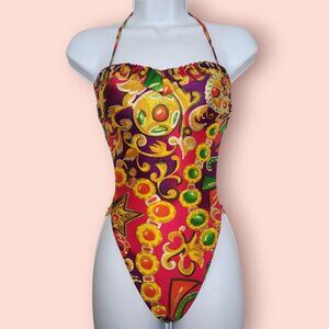 Vintage one piece retro medallion chain print halter swimsuit size S